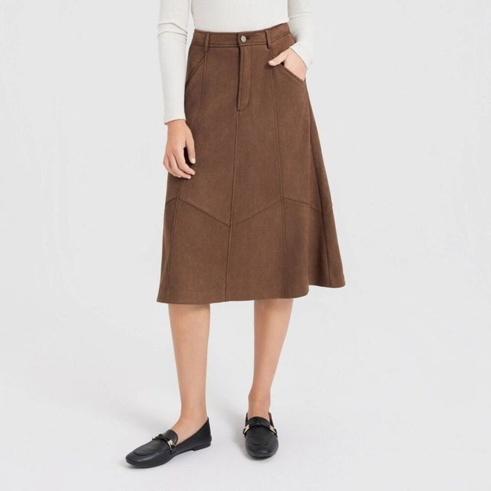 Women's Faux Suede Knit Midi A-Line Skirt - Universal Thread Brown XS